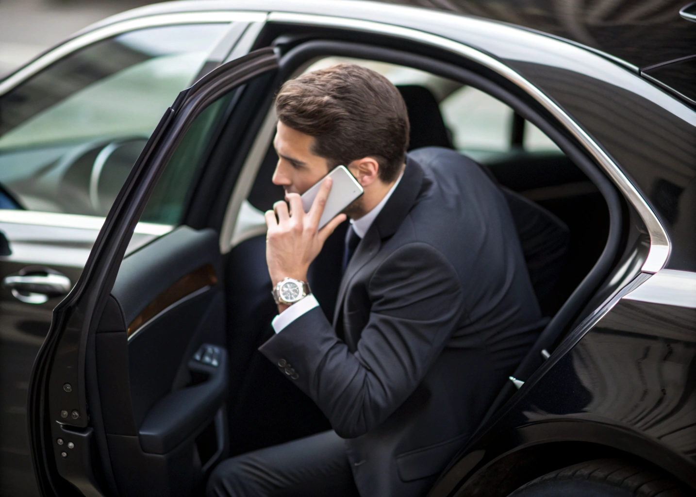 Homme en costume sortant d'une Mercedes, téléphone à la main.